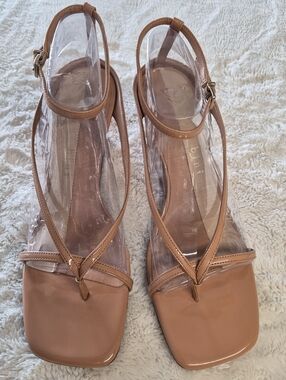 Gianni Bini Nude Tan Wedge Pumps Sandals Sz 12M Ankle Strap Elegant Square Toe